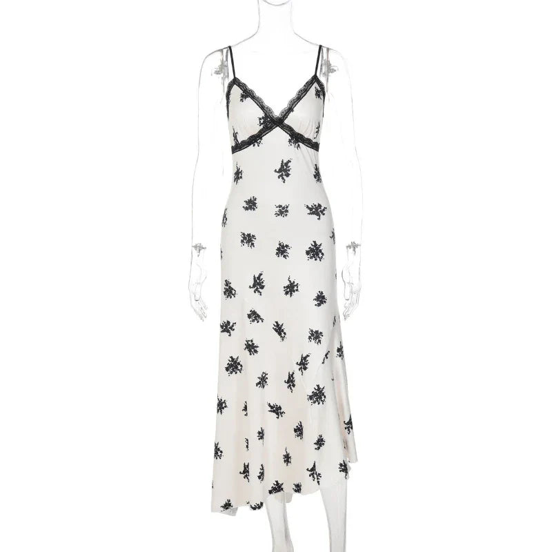 Lace Print Spaghetti Strap Slim Midi Dress