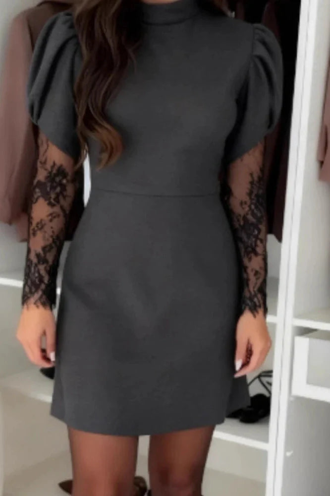 O-Neck Lace Long Sleeve Slim High Waist Pleated A-Line Mini Dress