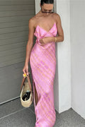 Printed V-Neck Backless Split Maxi Dress