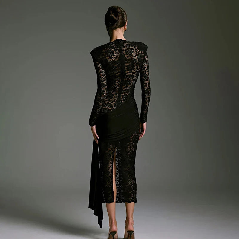 Long Sleeve Slim See Through Lace Up Midi Dress