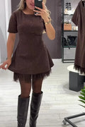 Elegant O-Neck High Waist A-Line Short Sleeve Pleat Mini Dress