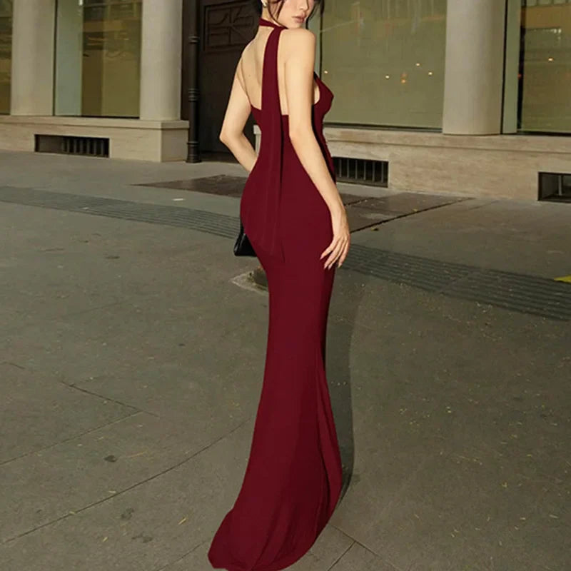V Neck Backless Scarf Ribbon Patchwork Sleeveless Maxi Dress