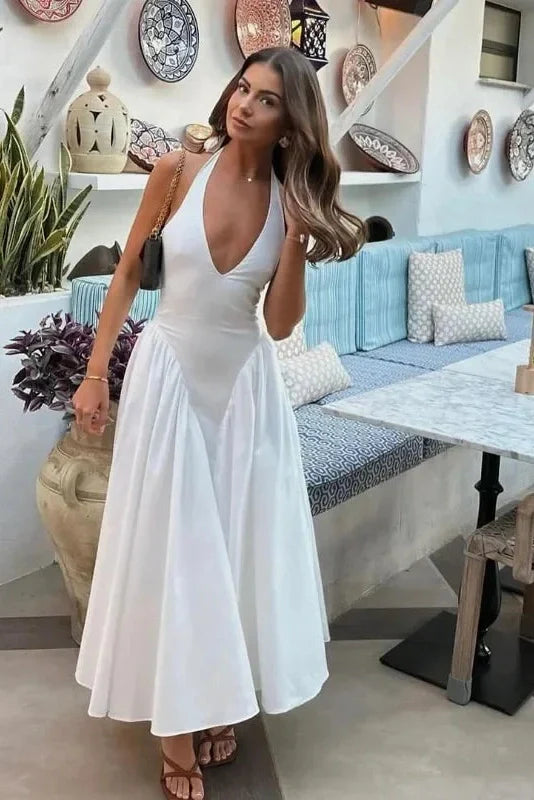 Deep V Neck High Waist Backless Midi Dress