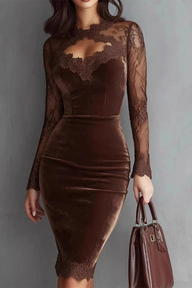 Lace Hollow Out See-Through Sleeve Slim High Waist Midi Dress
