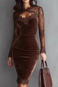 Lace Hollow Out See-Through Sleeve Slim High Waist Midi Dress