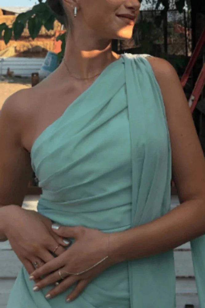 Hollow Out One Shoulder High Waist Sleeveless Slim Pleated Maxi Dress