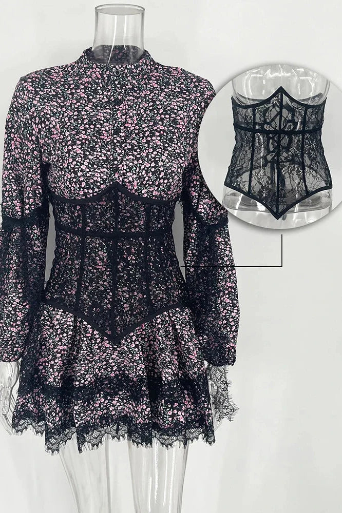 V Neck Lace Printed High Waist Long Sleeve Slim Fit Mini Dress