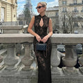 Hollow Lace Sleeveless Slit High Waist Maxi Dress
