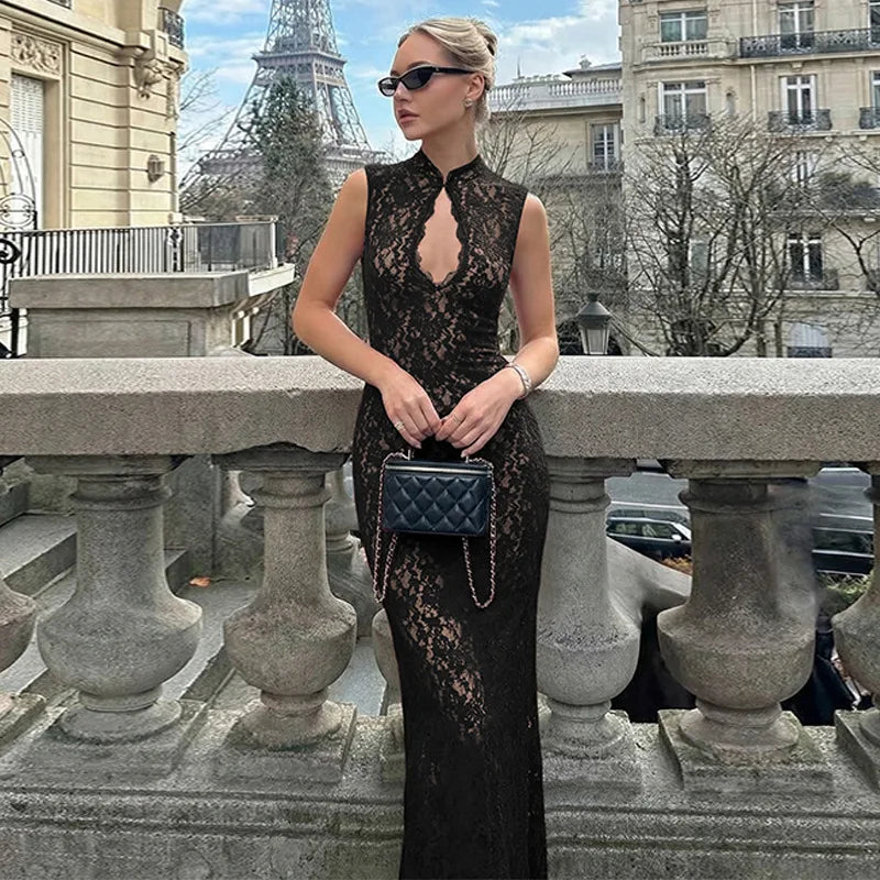 Hollow Lace Sleeveless Slit High Waist Maxi Dress