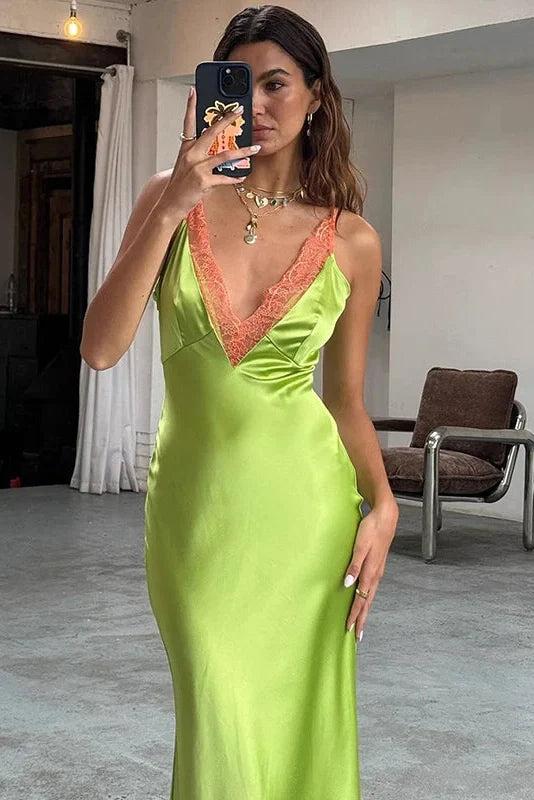 Elegant Lace V-Neck Slim Straps Maxi Dress