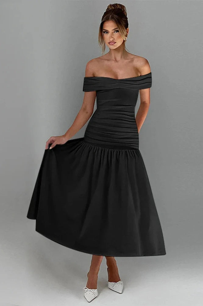 Slim Off-Shoulder Sleeveless High Waist A-Line Maxi Dress