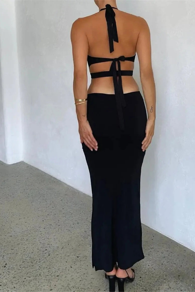 Tie-Up Deep V-Neck Sleeveless Backless Maxi Dress
