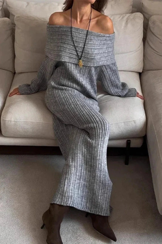 Knitted Off-Shoulder Long-Sleeved Slim High Waist Backless Maxi Dress