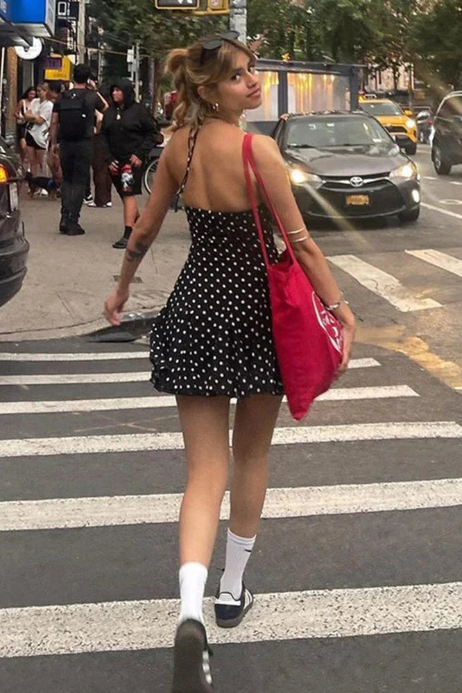 Polka Dot High Waist Pleated Sleeveless Printed Slim Mini Dress