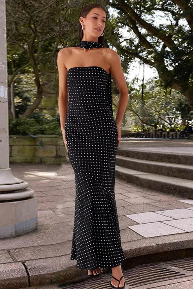 Polka Dot Strapless Scarf Collar Off-Shoulder Sleeveless Maxi Dress