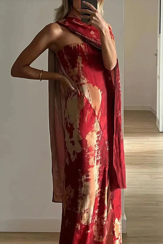 Shawl Split Pleated Slim Printed Sleeveless Maxi Dress