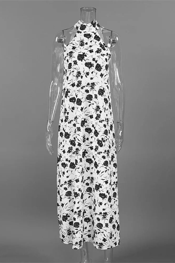 Printed Backless Sleeveless Slim Lace-Up Maxi Dress