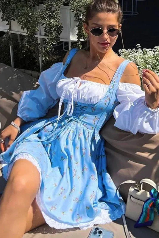 Puff Sleeve Two Piece Strapless Lace Up Mini Dress