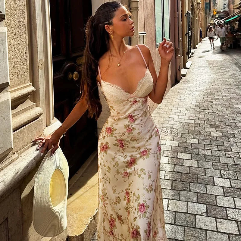 Elegant Print Patchwork Backless Midi Dress