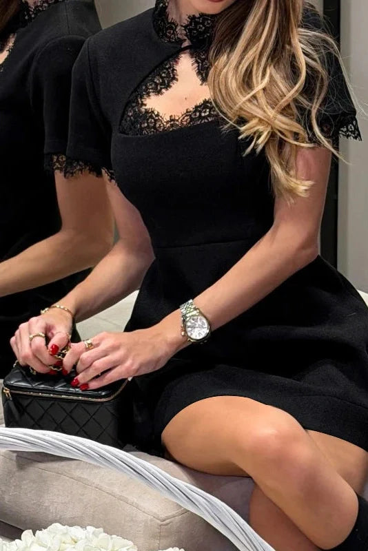 Hollow Out Short Sleeve High Waist Slim Lace Mini Dress