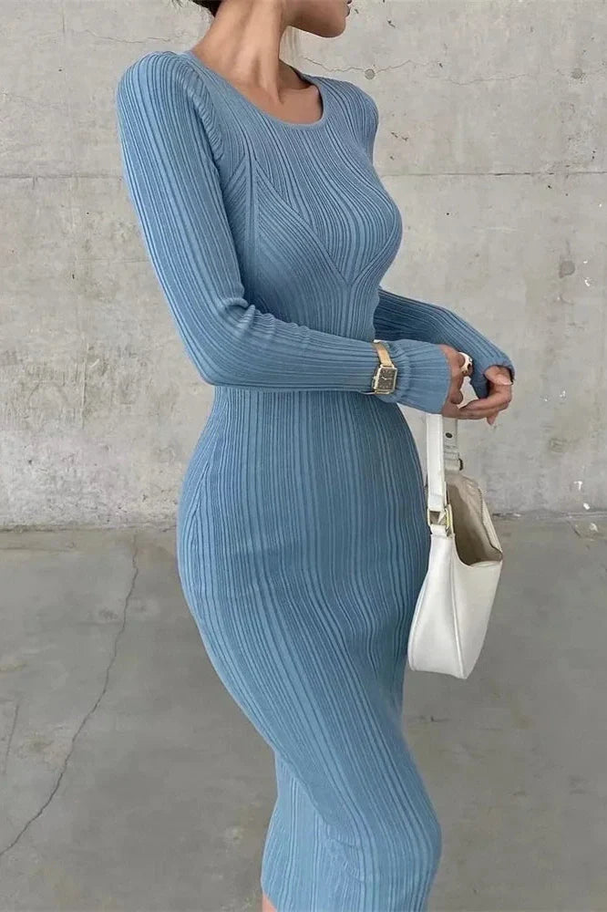 Long Sleeve Slim High Waist Patchwork Midi Dress