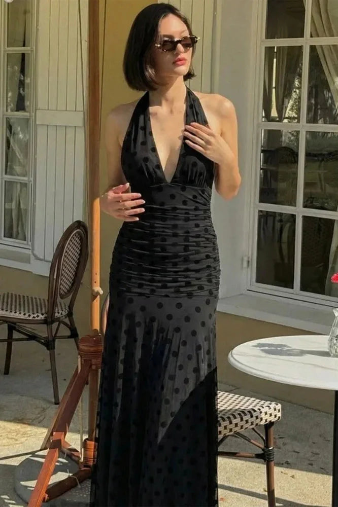 Polka Dot Deep V Neck Sleeveless Backless Bodycon Maxi Dress