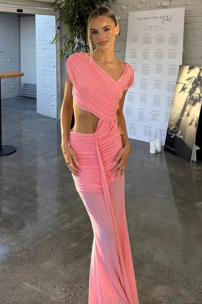 Hollow Out Sleeveless Pleated High Waist Off-Shoulder Slim Maxi Dress