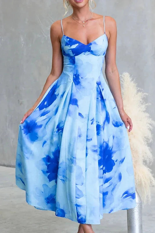 Floral Printed High Waist Sleeveless Pleated Midi Dress