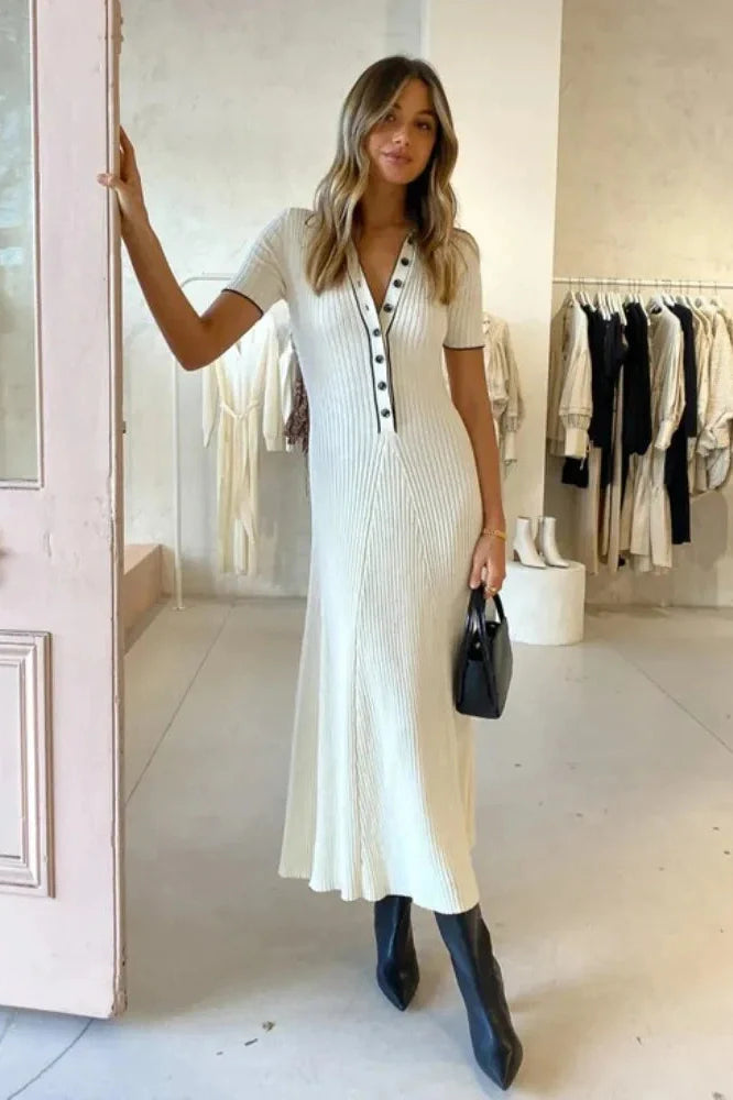 Deep V Neck Slim Short Sleeve Knitted Bodycon Maxi Dress