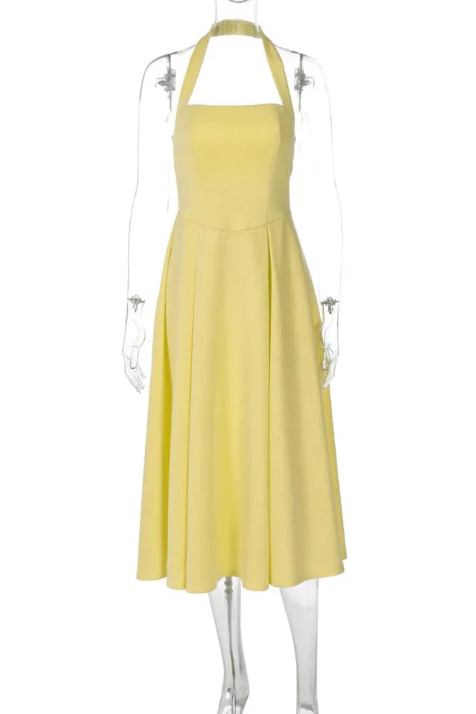 Backless Sleeveless High Waist A-Line Pleated Midi Dress