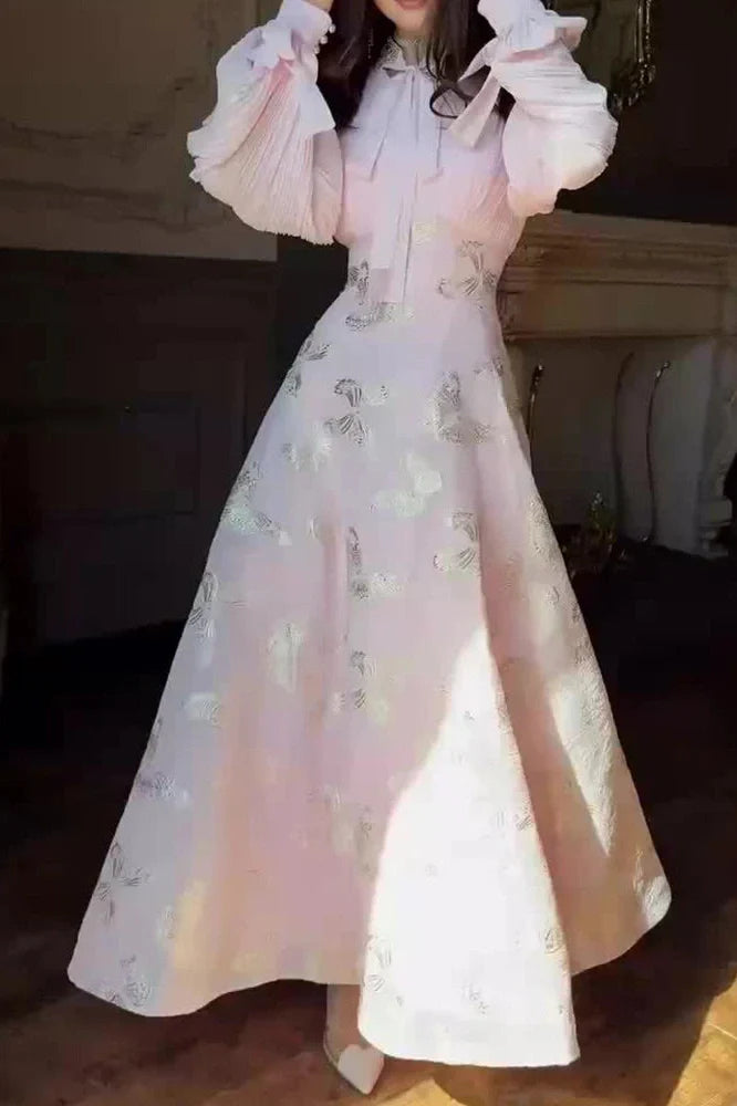 Elegant High Waist Printed Long Sleeve Pleated Maxi Dress