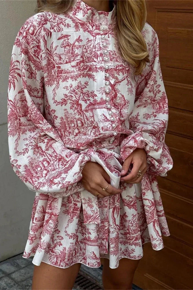 Printed Lace-Up Pleated Long Sleeve Mini Dress