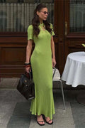 Hollow Out Lace-Up Short Sleeve Patchwork High Waist Maxi Dress