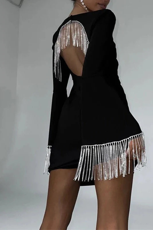 Hollow Out Square Collar Patchwork Slim Flare Sleeve Mini Dress