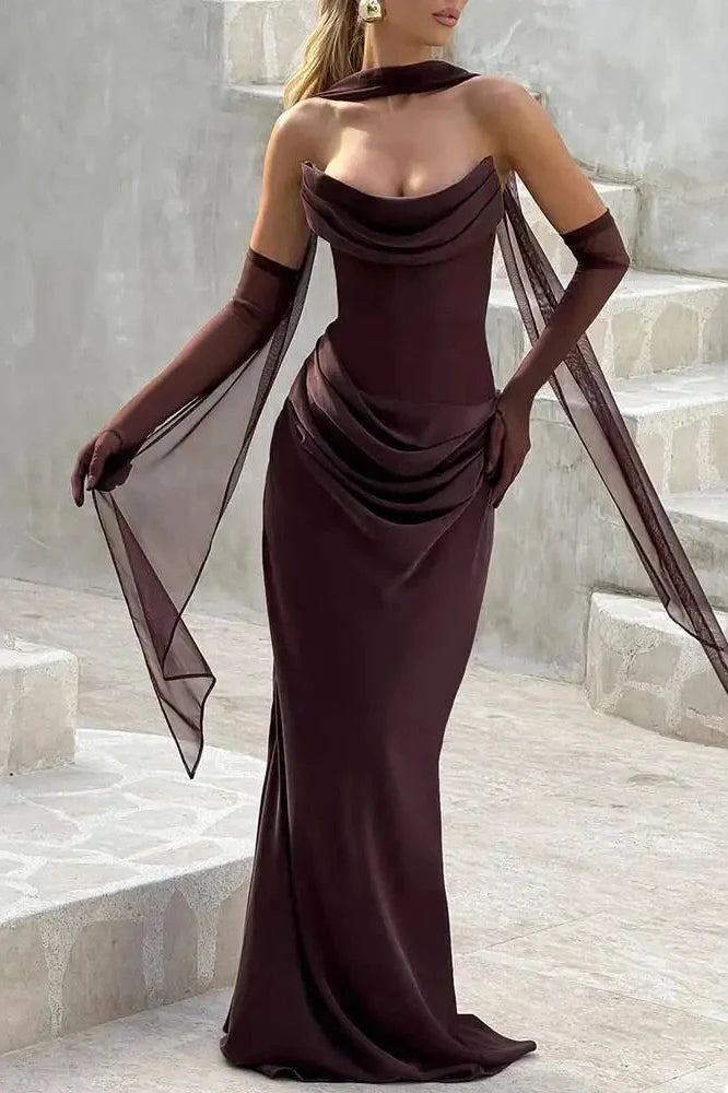 Off-Shoulder Scarf Collar Strapless Sleeveless Bodycon Maxi Dress
