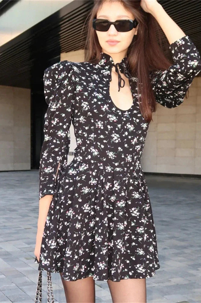 Printed Lace-Up Patchwork Long Sleeve High Waist Mini Dress