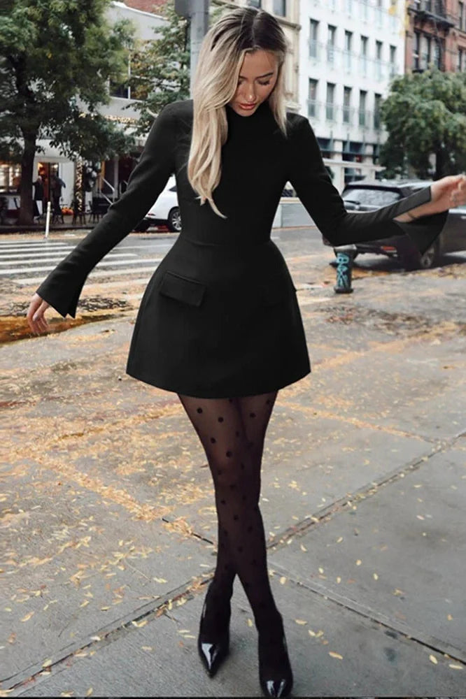Elegant Slim Two Pocket Long Sleeve A-Line Mini Dress