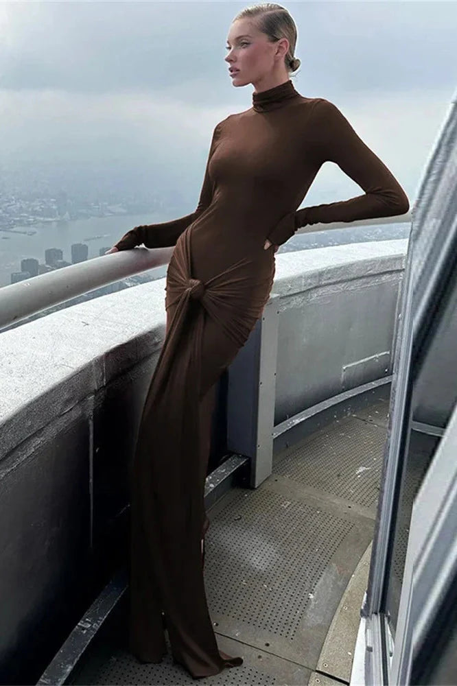 Slim Pleated Long Sleeve Lace-Up Maxi Dress