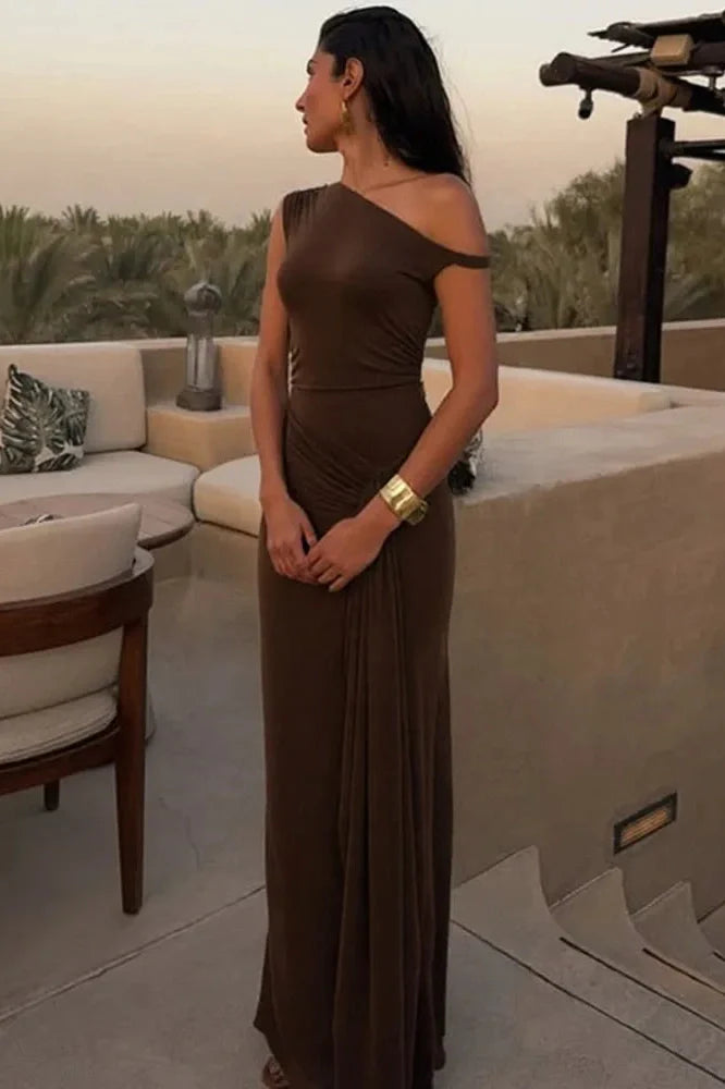 One Shoulder Slim Sleeveless Patchwork Pleated Maxi Dress