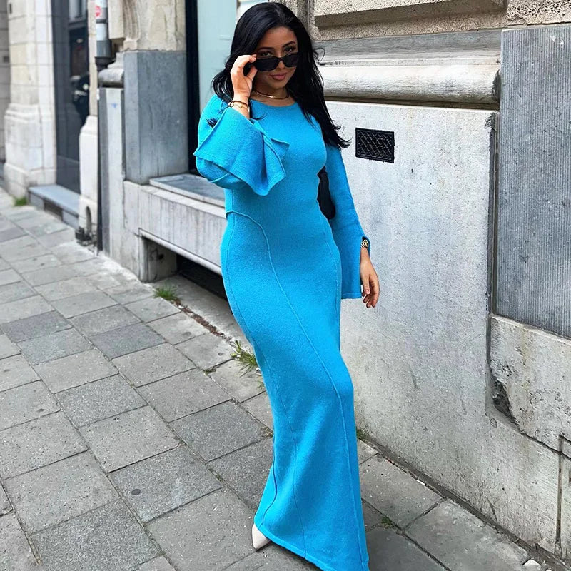 High Waist Patchwork Long Sleeve Maxi Dress