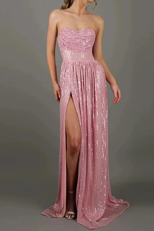 Pleated Off Shoulder High Waist Split Maxi Dress