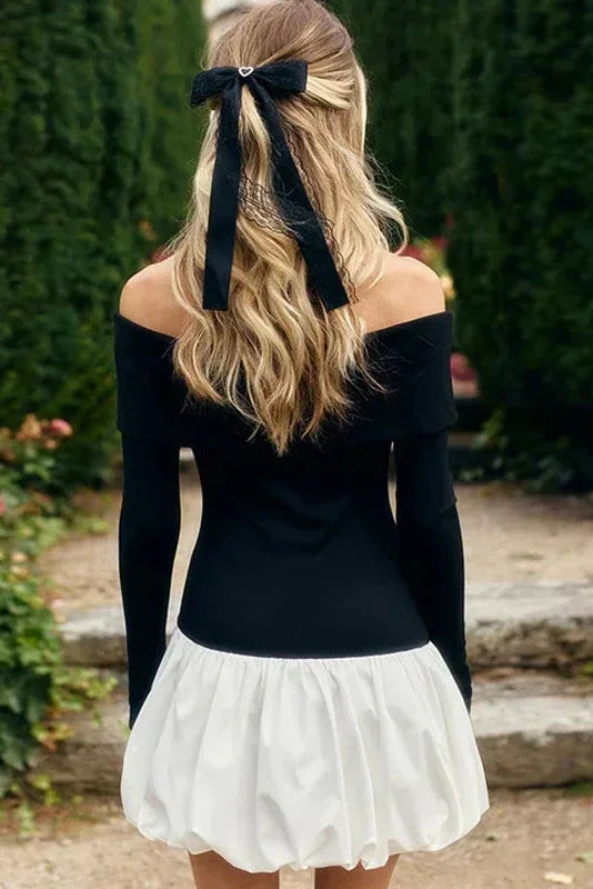 Elegant Off-Shoulder Patchwork Long Sleeve Slim Mini Dress