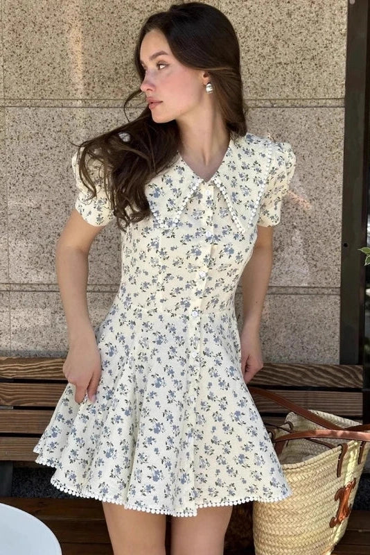 Elegant Floral Short-Sleeved Slim Single-Breasted Mini Dress