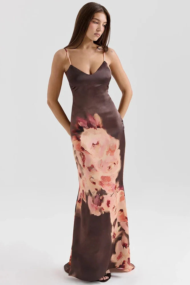 Printed Spaghetti Strap Sleeveless Backless Bodycon Maxi Dress