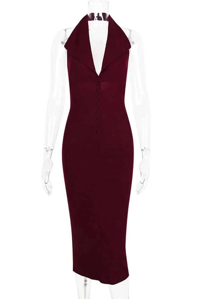 V Neck Backless Split Bodycon Sleeveless Midi Dress