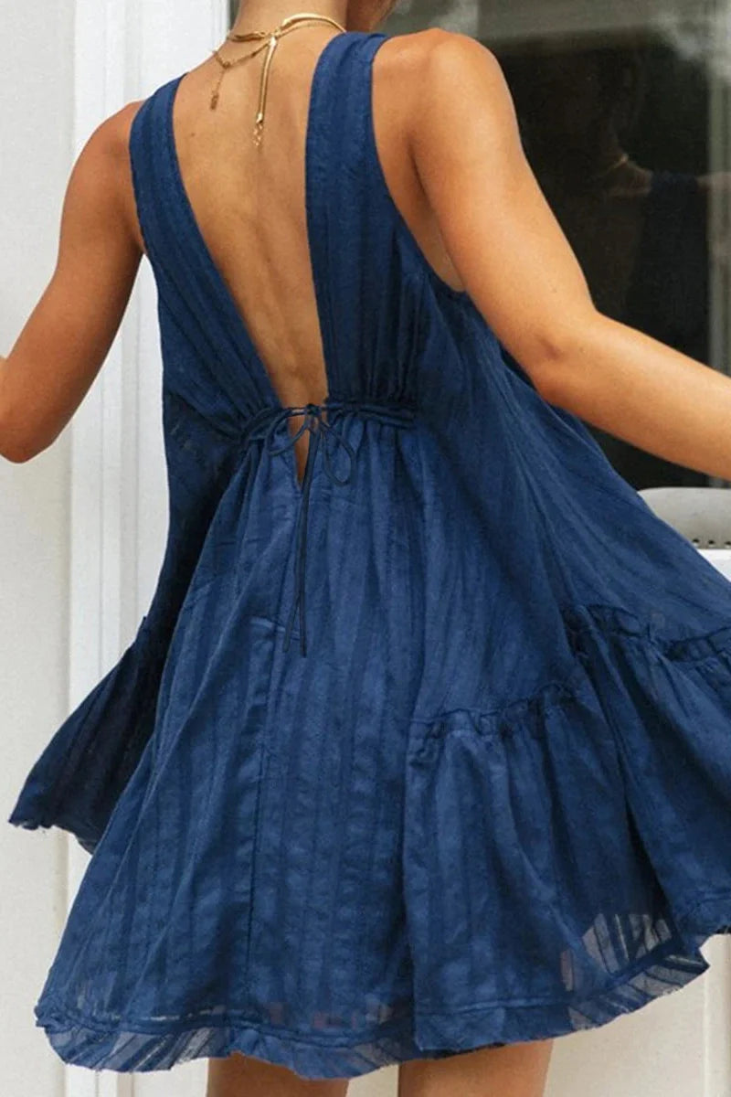 Deep V-Neck Tie-Up Backless A-Line Mini Dress