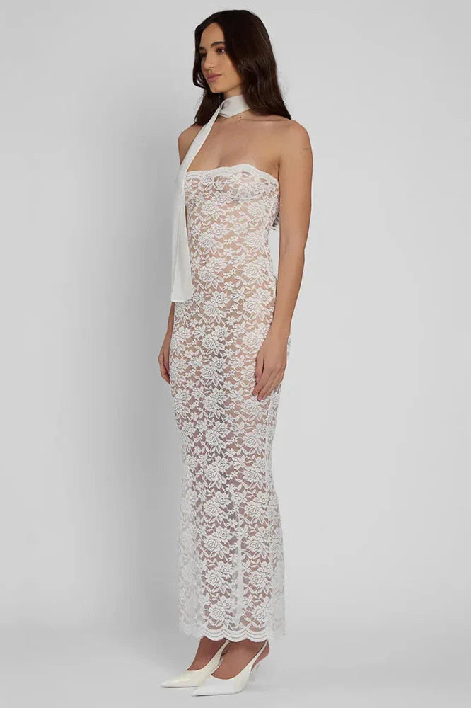 Lace See Through Off-shoulder Strapless Sleeveless Midi Dress