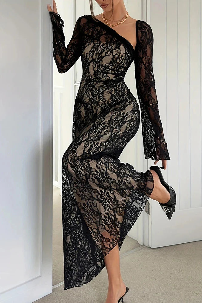 Flare Sleeve Pleated Slim Slash Collar Lace Embroidery Maxi Dress