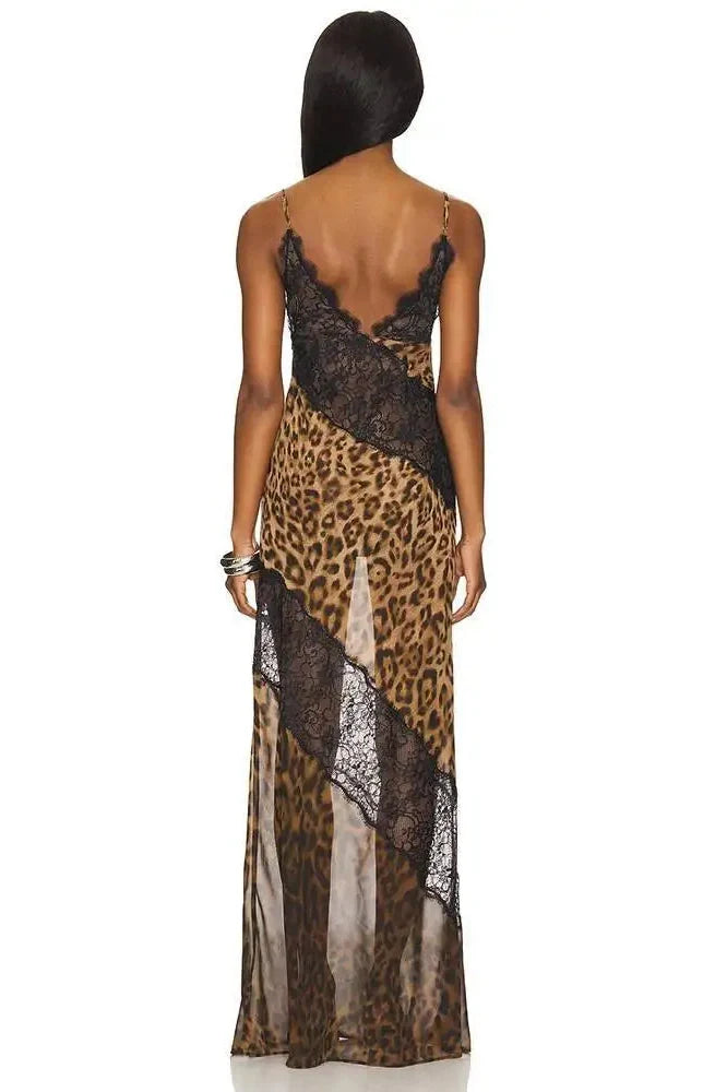 Printed Spaghetti Strap Patchwork See Through Sleeveless Maxi Dress