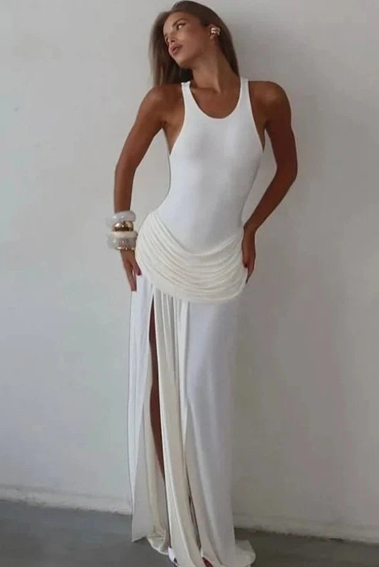 Elegant Slit Pleated Sleeveless Slim High Waist Patchwork Maxi Dress